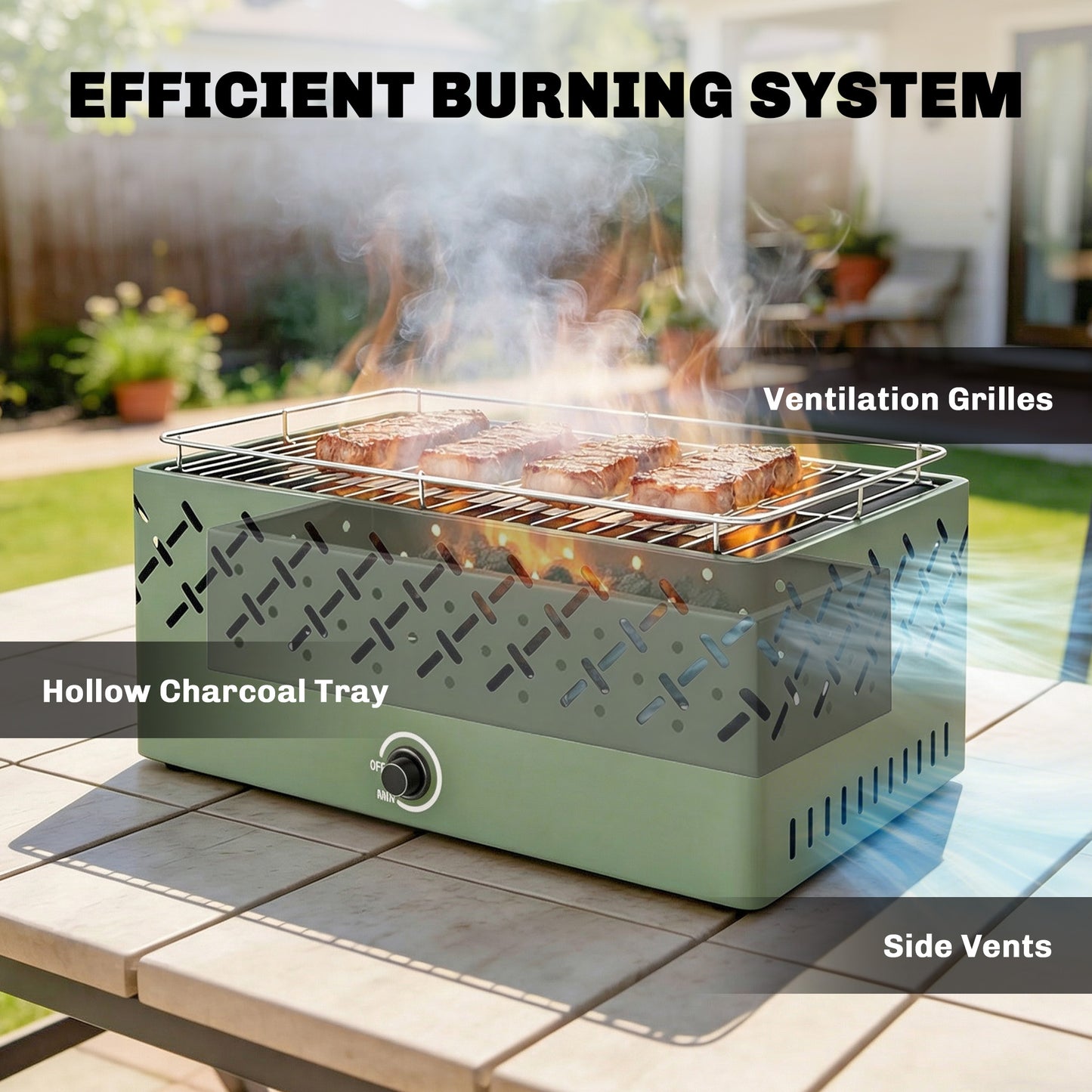 Portable Charcoal BBQ Grill, Battery Powered Barbecue Grill with Built-in Fan for Camping Picnic, Light Green