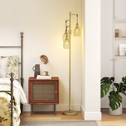 170.5cm Industrial Dimmable Standing Lamp, 3-Light Floor Lamp with Steel Wire Cage Lampshades, Gold Tone