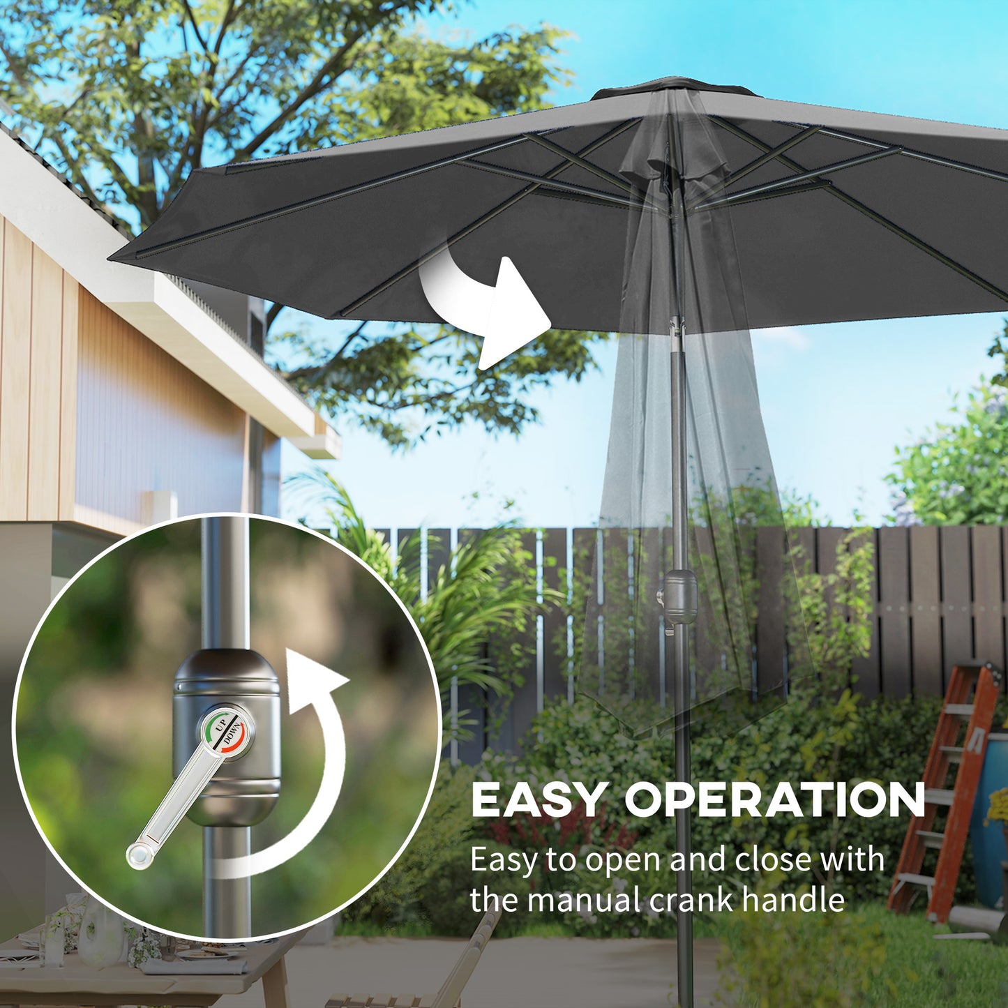 3(m) Tilting Parasol Garden Umbrellas, Outdoor Sun Shade with 8 Ribs, Tilt and Crank Handle for Balcony, Bench, Garden