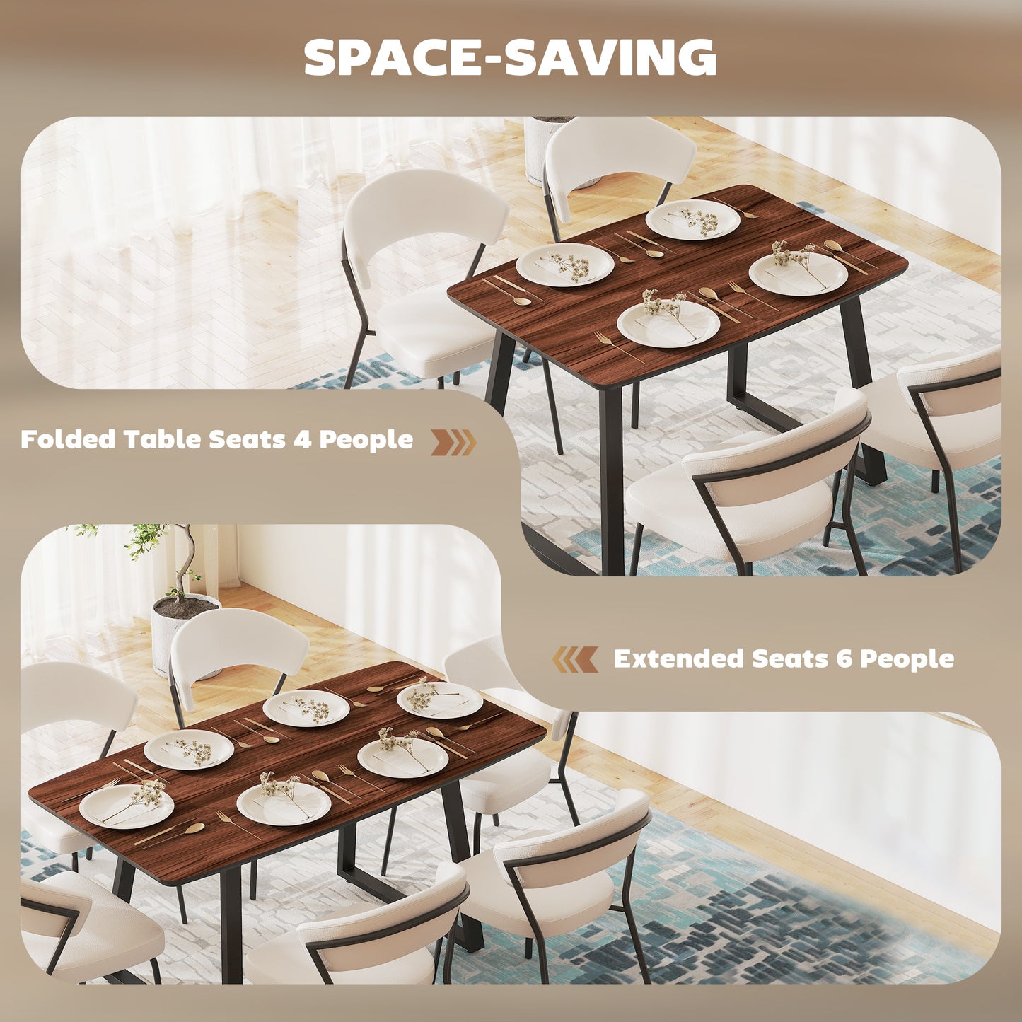 Extendable Dining Table Rectangular Wood Effect Tabletop for 4-6 People with Steel Frame & Hidden Leaves for Kitchen