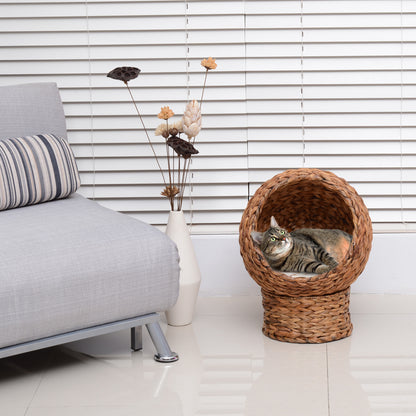 Wicker Cat Bed, Raised Rattan Cat Basket with Cylindrical Base, Soft Washable Cushion, 40 x 37 x 51 cm - Brown