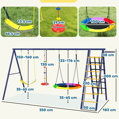 6 in 1 Metal Kids Swing Set with 3 Swings, Climbing Ladder & Net, Basketball Hoop, for Ages 3-8