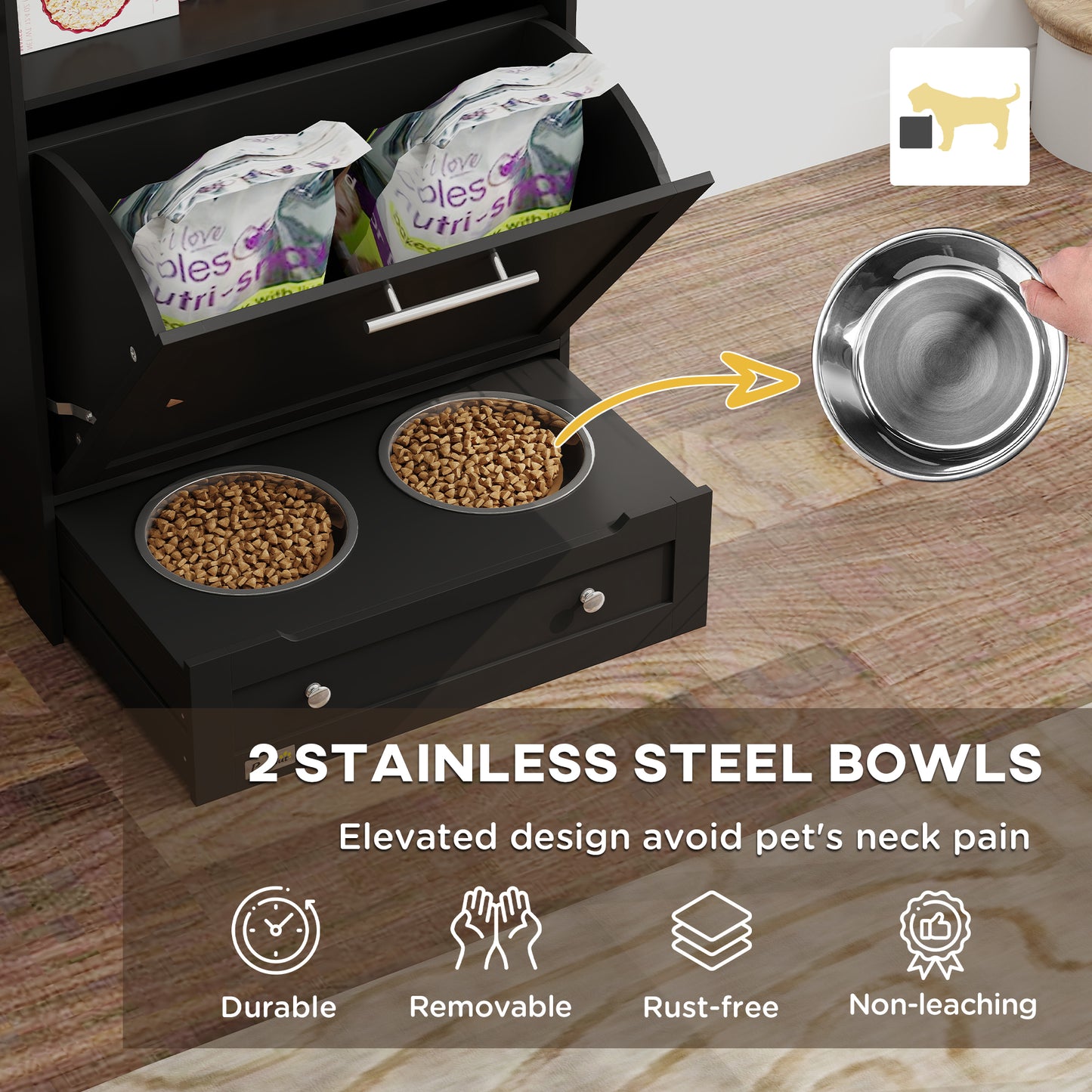 Pet Feeder Station, Dog, Cat Storage Container, with Raised Bowls, Hanger, Cabinet - Black