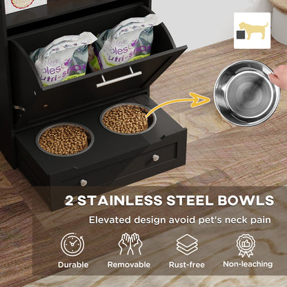 Pet Feeder Station, Dog, Cat Storage Container, with Raised Bowls, Hanger, Cabinet - Black