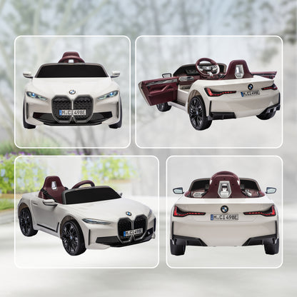 BMW i4 Licensed 12V Kids Electric Ride-On Car, White, Red and Light Blue