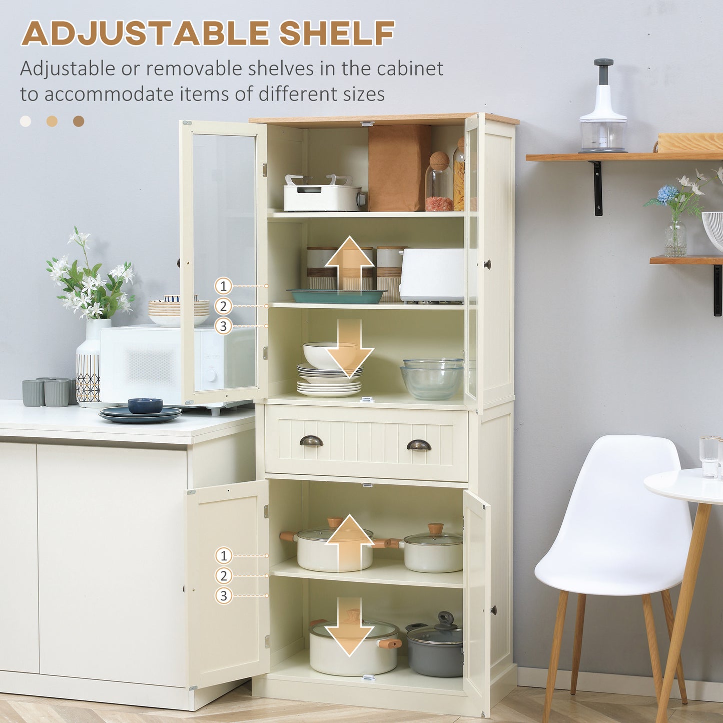 Freestanding Kitchen Cupboard, 5-tier Storage Cabinet with Adjustable Shelves and Drawer, Cream White
