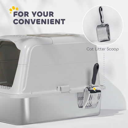 Extra Large Stainless Steel Litter Box, Enclosed Cat Litter Tray with Scoop, Deodorizer Bag, Front-Entry and Top-Exit