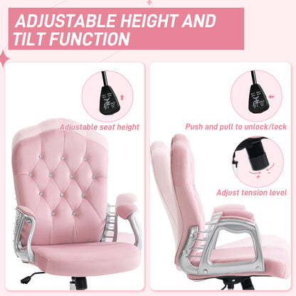Velvet-Feel Work Chair, with Diamante Back - Pink