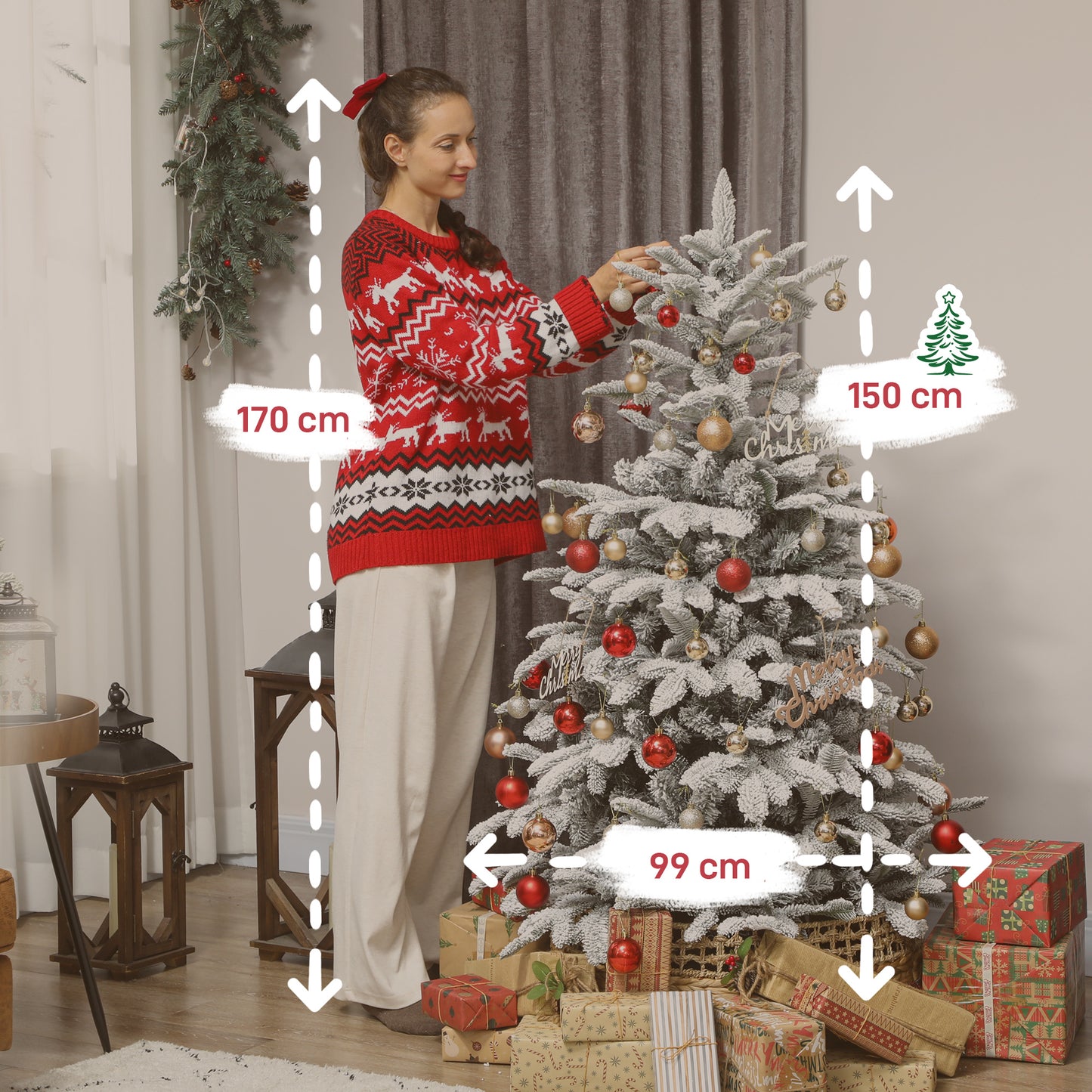 5 ft Artificial Flocked Christmas Tree with 717 Branches, Hinged Xmas Tree with Foldable Metal Stand