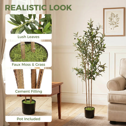 Decorative Artificial Plant, 148 cm Silk Olive Tree with 553 Leaves in Cement Pot, Fake Plant