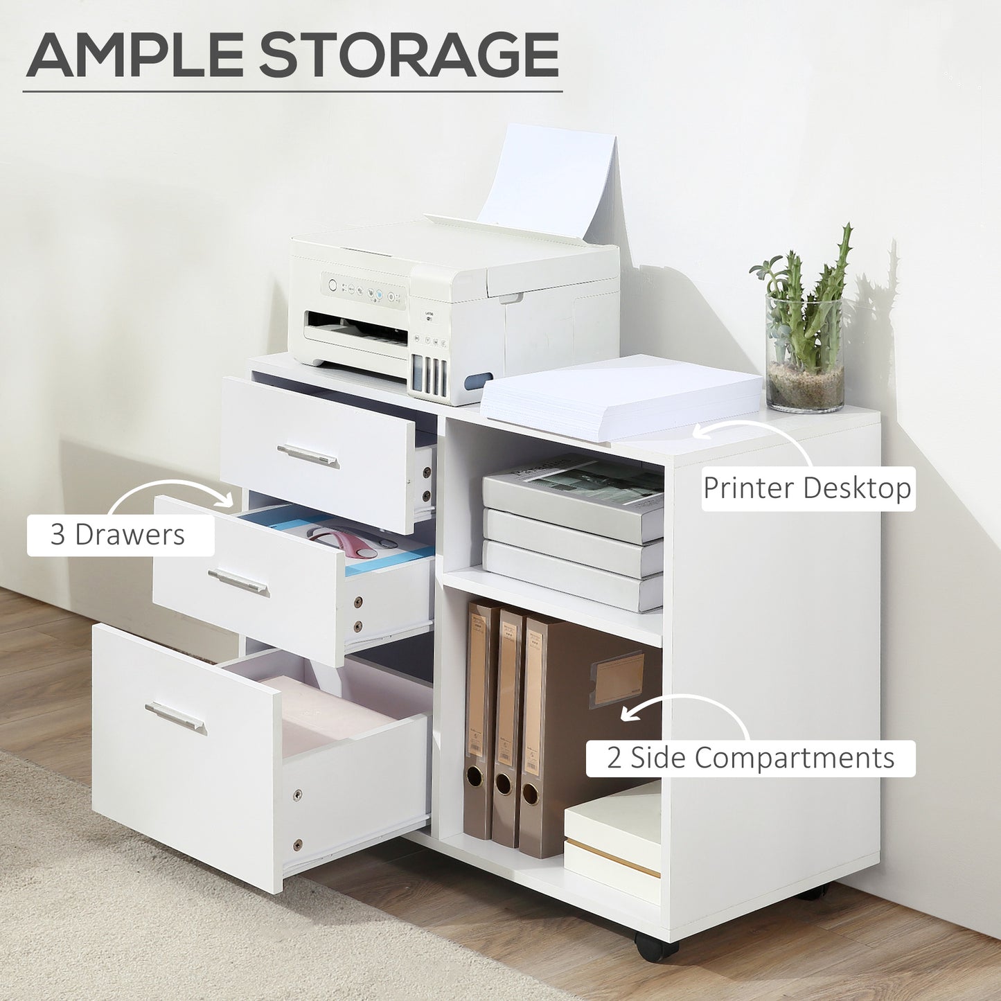 Freestanding Printer Stand Unit Office Desk Side Mobile Storage w/ Wheels 3 Drawers