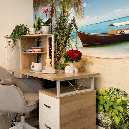 Computer Desk with Drawers and Bookshelf, Writing Desk for Home Office with Storage Shelves, Study Workstation, Oak