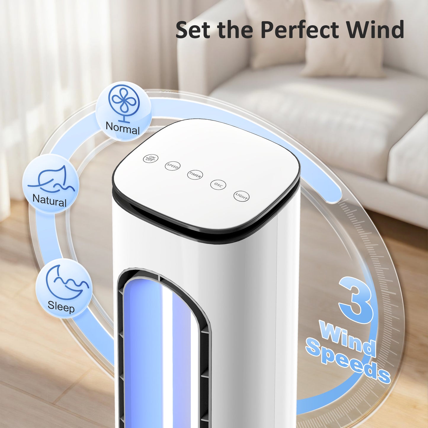 Bladeless Tower Fan for Bedroom, 35dB Standing Cooling Fan with Oscillating, LED Lights, 3 Speeds, 15H Timer, White