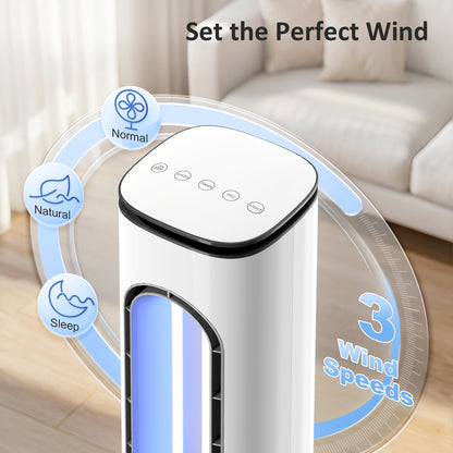 Bladeless Tower Fan for Bedroom, 35dB Standing Cooling Fan with Oscillating, LED Lights, 3 Speeds, 15H Timer, White