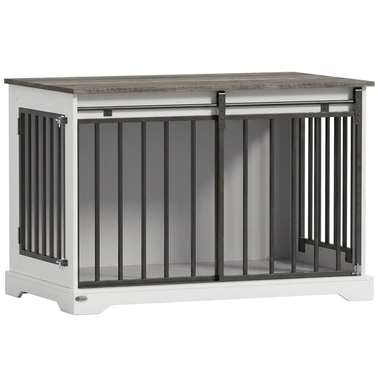 100 cm Large Dog Crate Furniture with Sliding Barn Door for Large Dogs, White