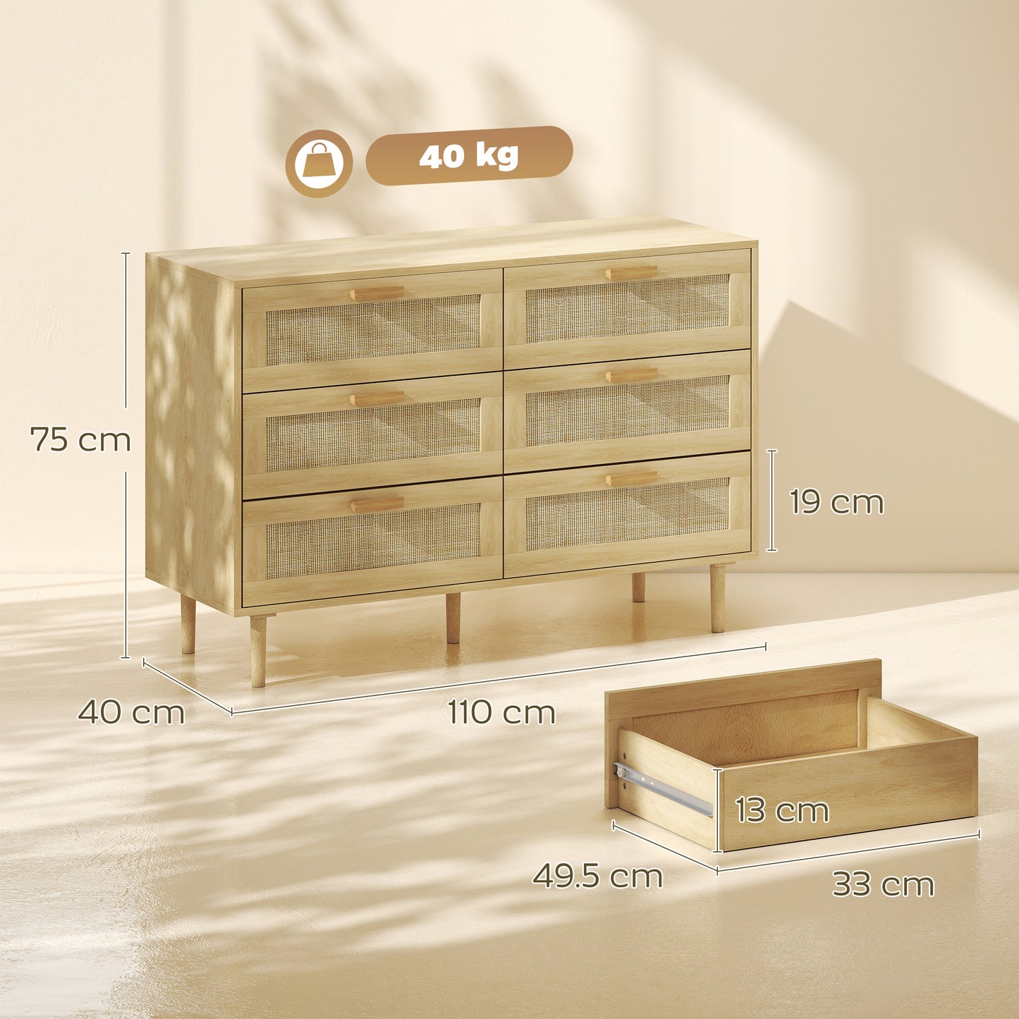 Chest of Drawers, 6-Drawer Dresser, Tall Storage Drawer Unit with Rattan Element for Bedroom, Living Room, Oak