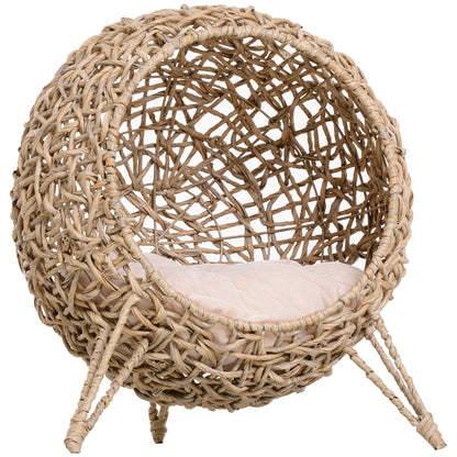 Rattan Elevated Cat Bed House Kitten Basket Ball-Shaped Pet Furniture w/ Removable Cushion - Natural