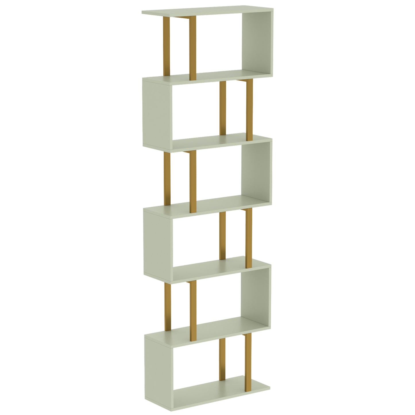 S-Shaped Bookshelf, 6-Tier Bookcase, Freestanding Storage Shelves with Anti-Tip Strap for Living Room, Light Green