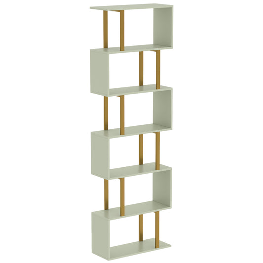 S-Shaped Bookshelf, 6-Tier Bookcase, Freestanding Storage Shelves with Anti-Tip Strap for Living Room, Light Green