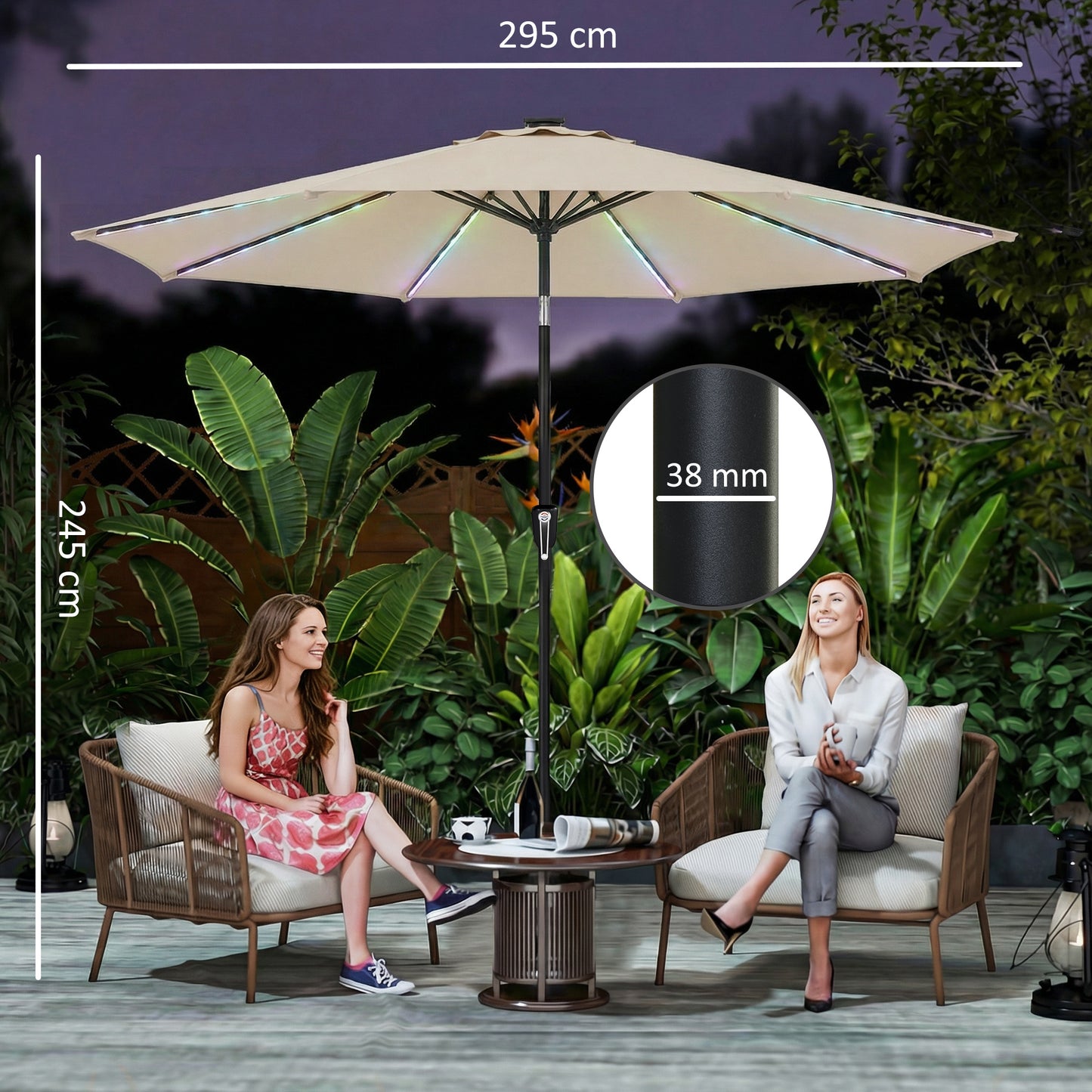 3 m Garden Parasol Umbrella with 112 Solar Powered LED Lights, Patio Umbrella with Crank Handle, Beige