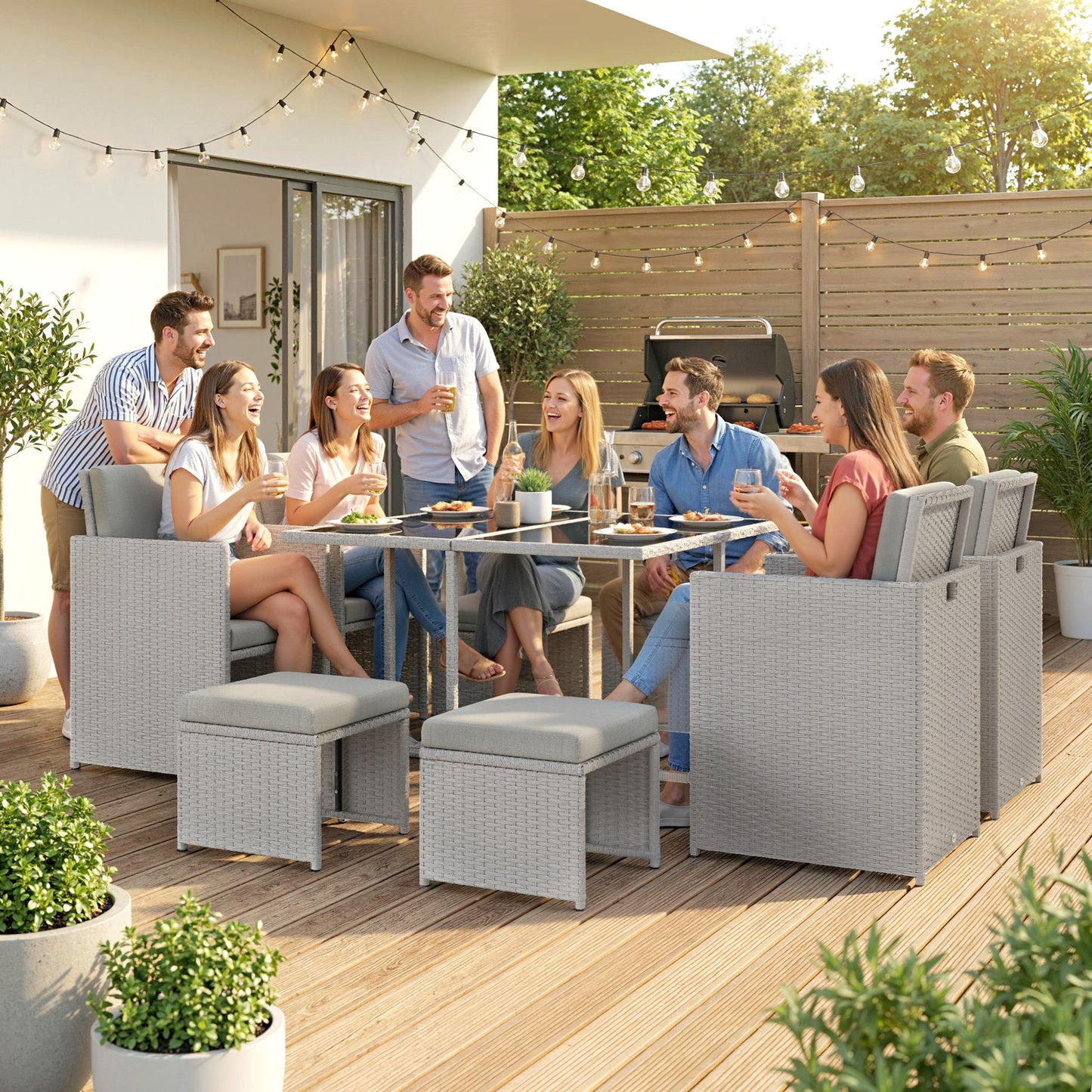 9 Piece Rattan Cube Garden Furniture Dining Set with Armchairs, Footstools and Glass-Top Table, Light Grey