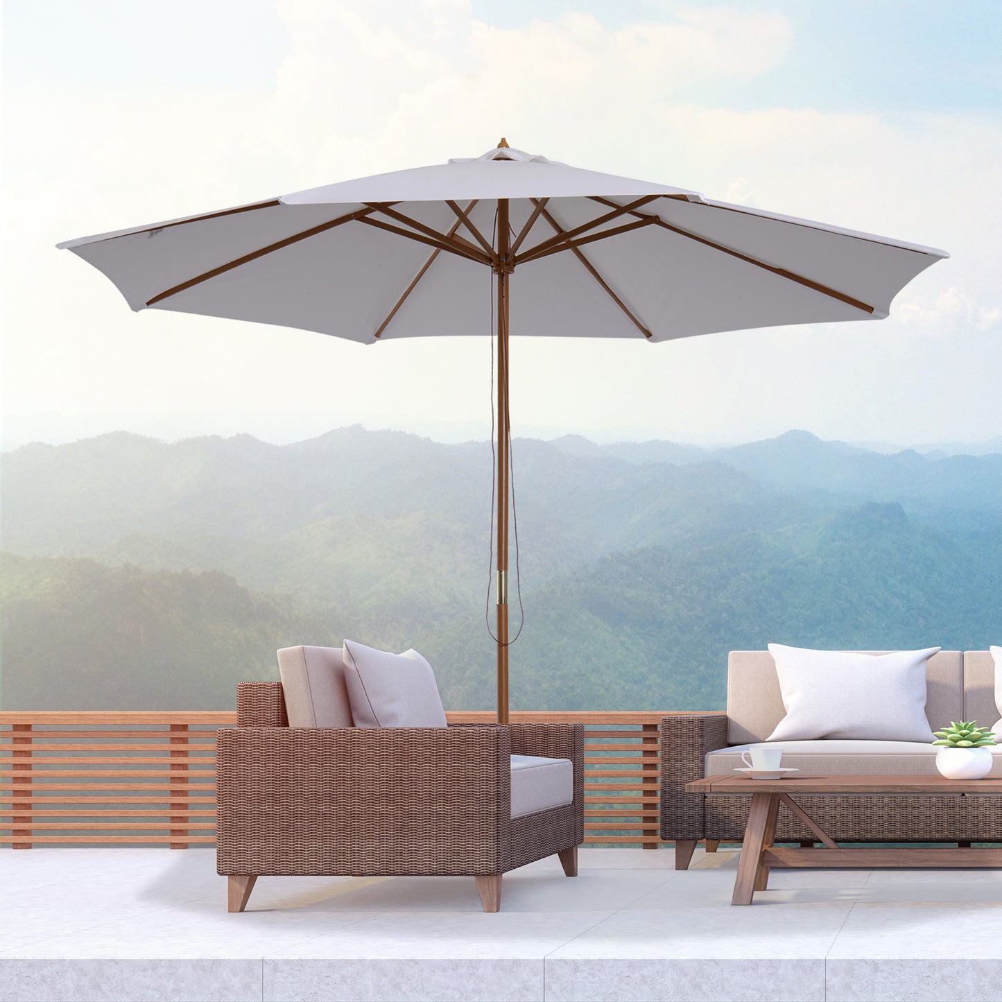 3(m) Garden Parasol, Pulley Operated Patio Umbrella, Wooden Table Market Umbrella with Rope Pulley Mechanism and 8 Ribs