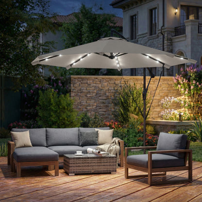 3 m Cantilever Parasol with Solar LED Lights Garden Umbrella with Cross Base, Light Grey