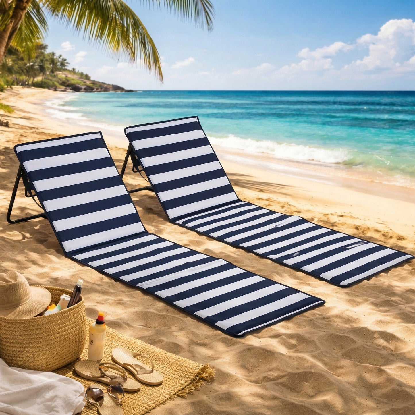 Set of 2 Foldable Garden Beach Chair Mat, Outdoor Sun Lounger Seats with Adjustable Back, Magazine Pocket, Carry Strap