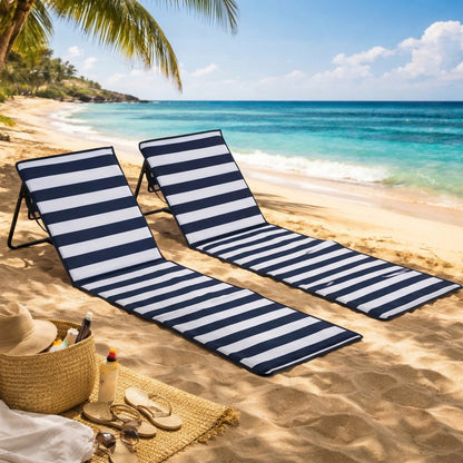 Set of 2 Foldable Garden Beach Chair Mat, Outdoor Sun Lounger Seats with Adjustable Back, Magazine Pocket, Carry Strap