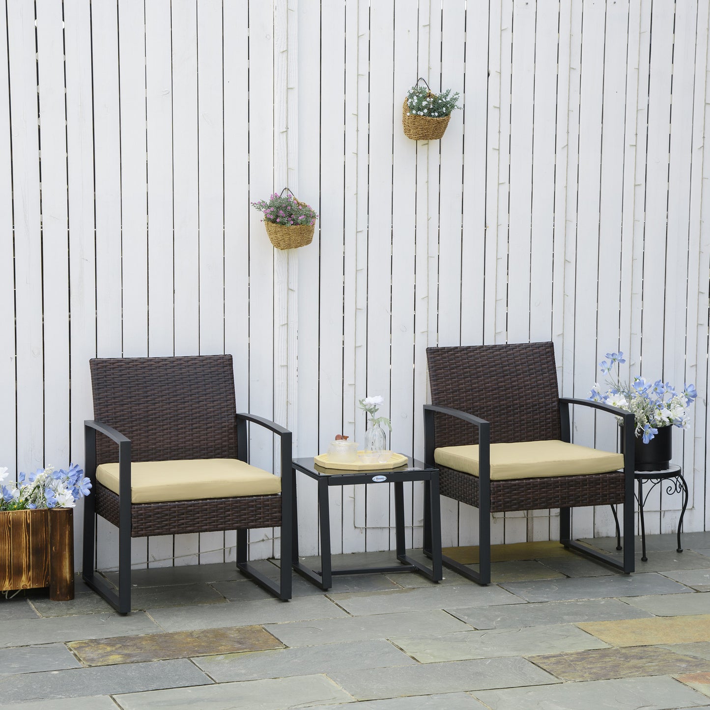 3 pcs PE Rattan Wicker Garden Furniture Patio Bistro Set Weave Conservatory Sofa Coffee Table and Chairs Set Beige