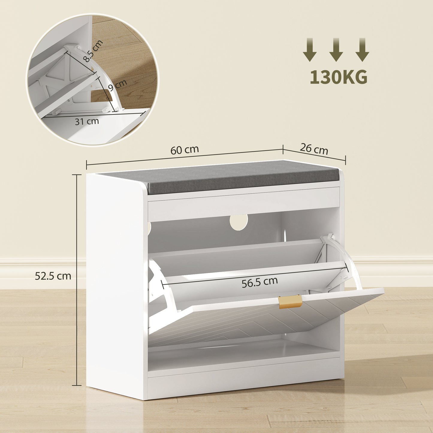 Shoe Storage with Seat, Upholstered Entryway Bench, Shoe Bench with 1 Flip Drawer and 4 Vents for 5 Pairs of Shoes