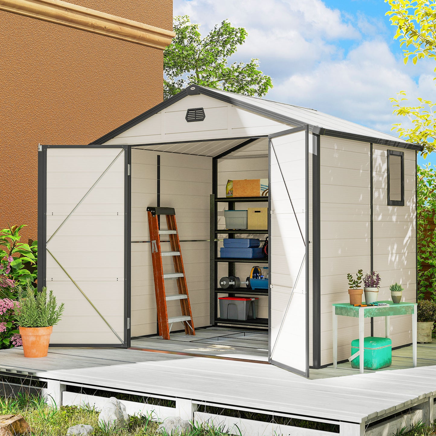 7.9ft x 6.2ft Recycled Garden Shed with Aluminium Frame and Plastic, Wall Shed with Foundation, Waterproof and Rustproof