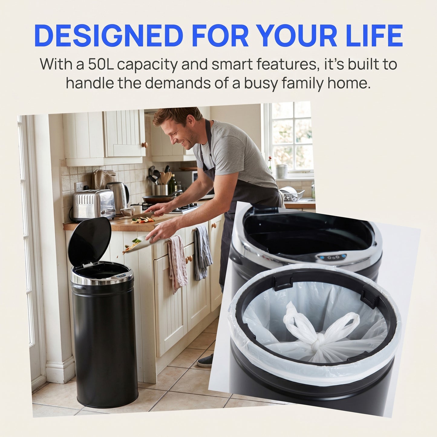 50L Automatic Motion Sensor Rubbish Bin with Fingerprint Resistant, Stainless Steel, Black