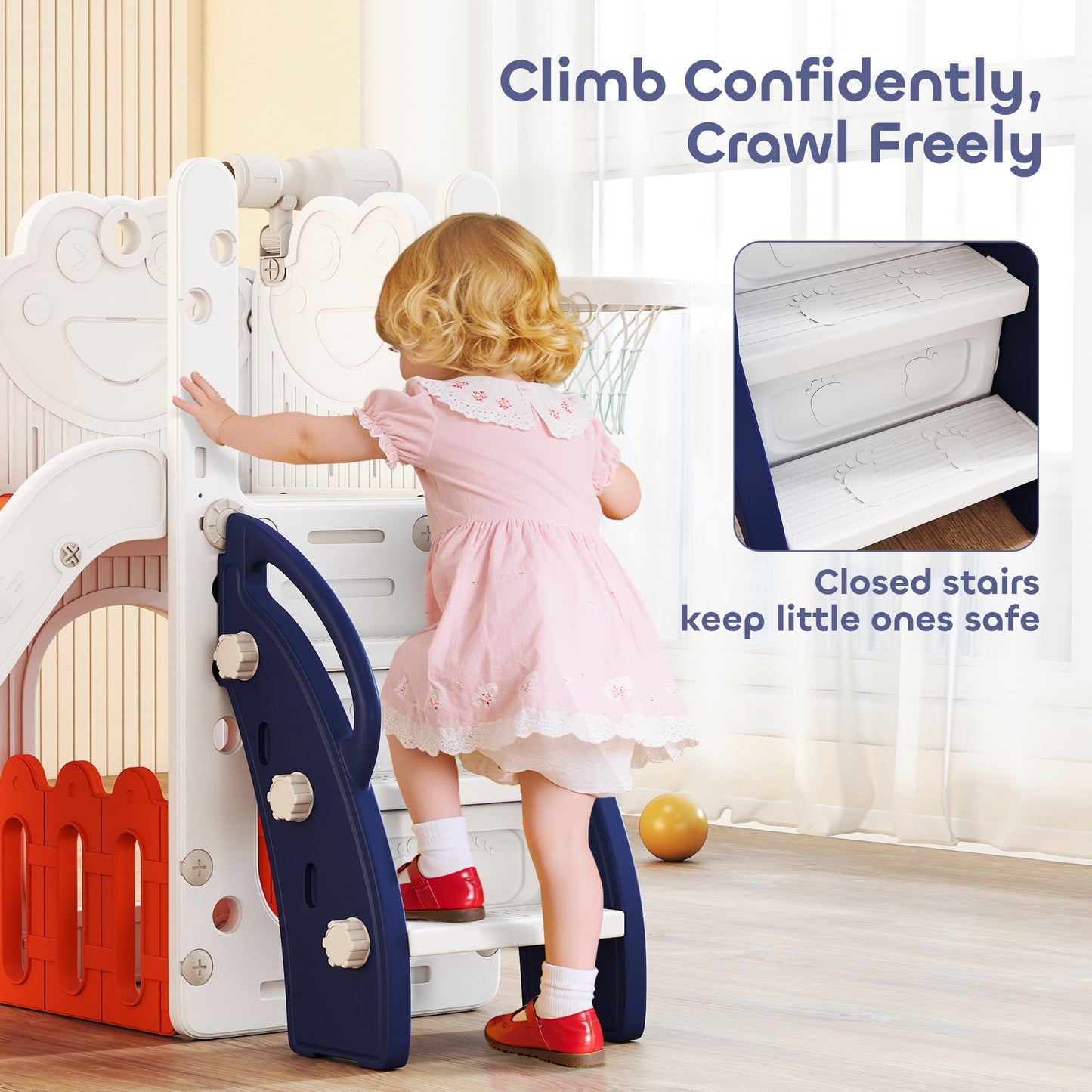5 in 1 Kids Slide Set with Basketball Hoop, Climbing Frame, Telescope, Storage Box for Toddlers Ages 1-3, Orange