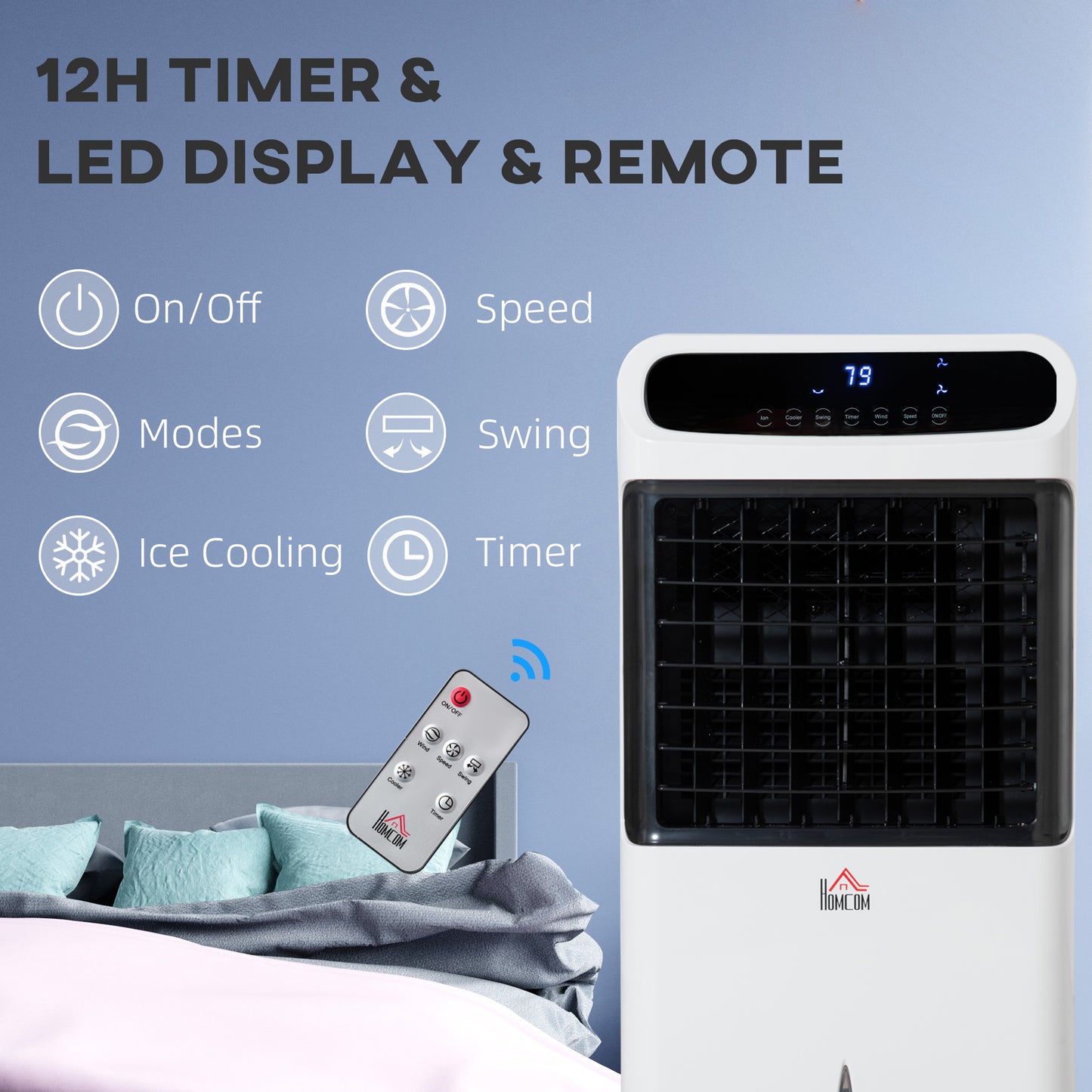 Mobile Air Cooler, 12L Tank Evaporative Ice Cooling Fan Water Conditioner Humidifier Unit with 3 Modes, 3 Speed, Remote