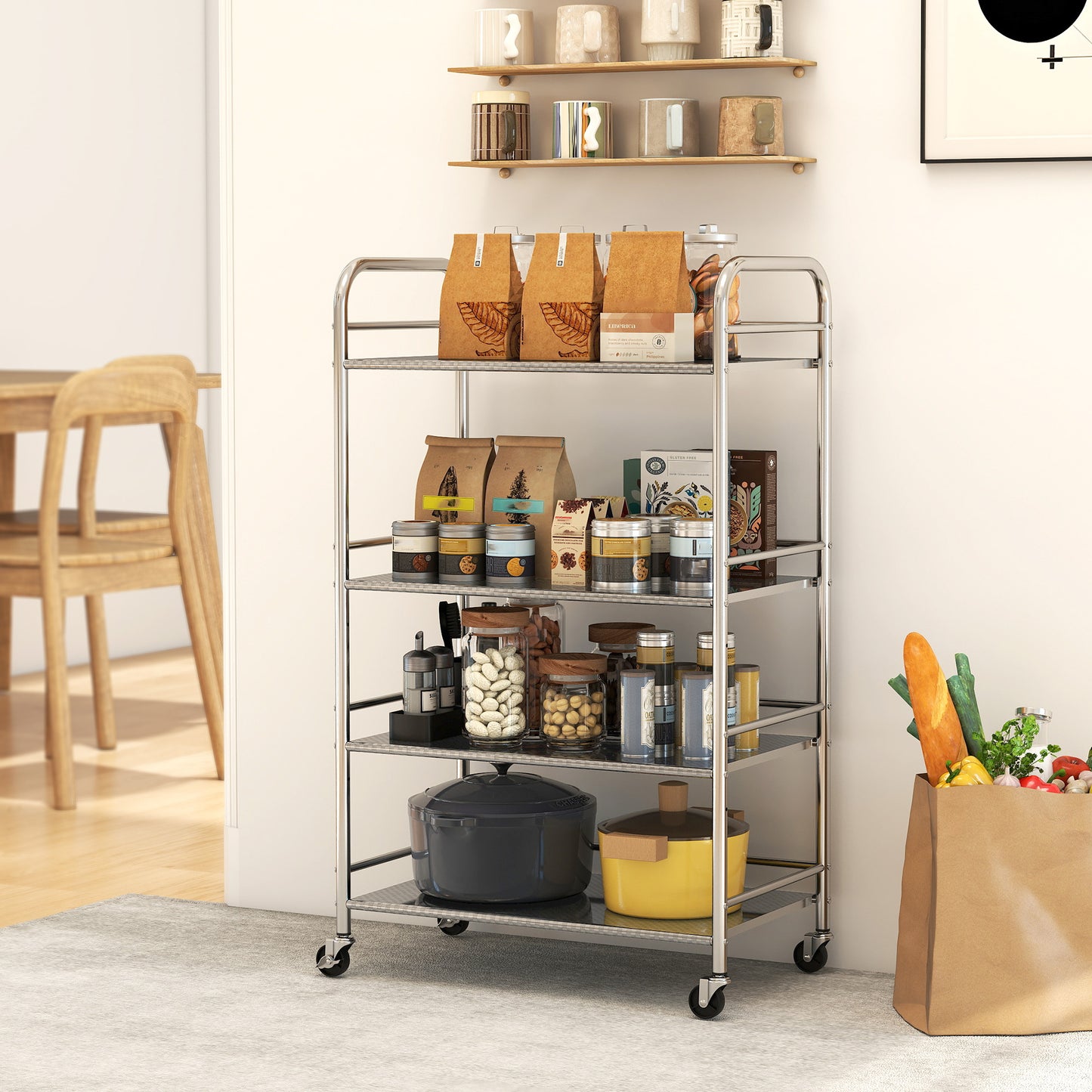 4 Tier Stainless Steel Kitchen Storage Trolley with Adjustable Shelves - Silver