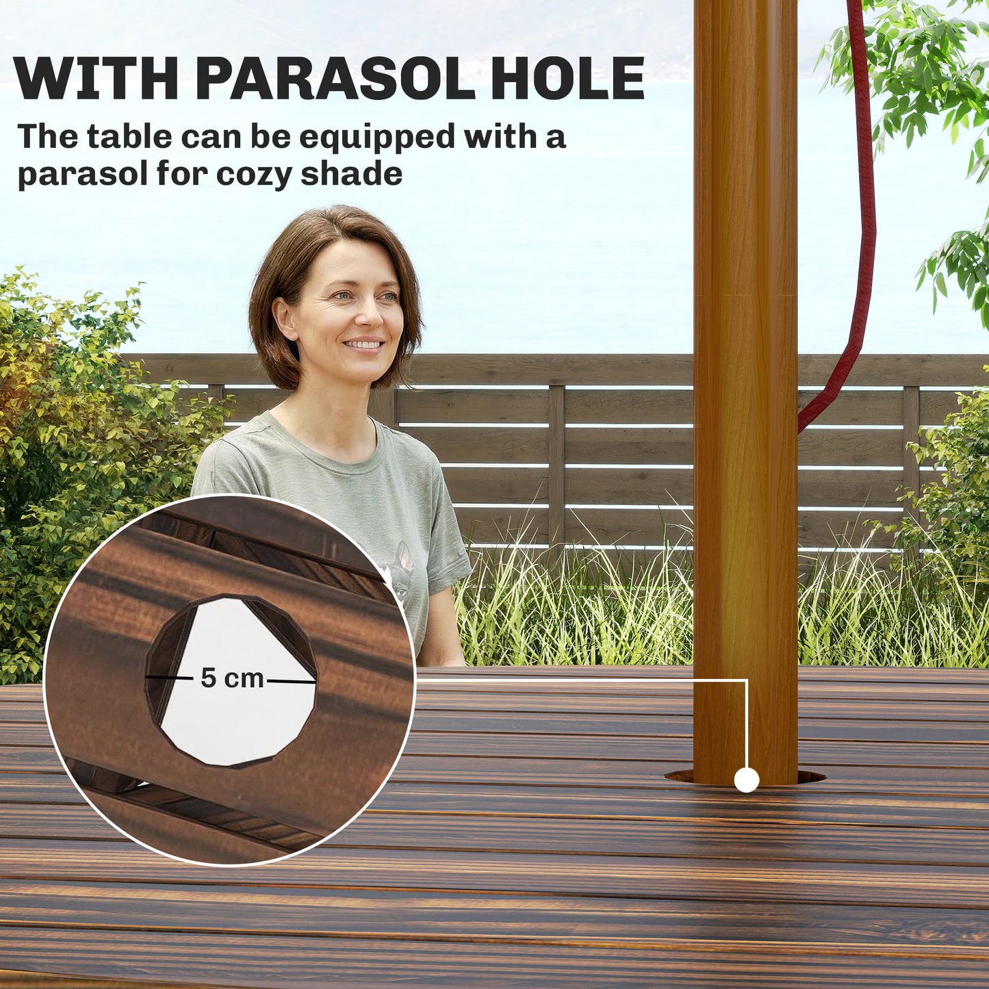 Wooden Garden Dining Set, 6 Seater Round Dining Picnic Table with Matching Bench