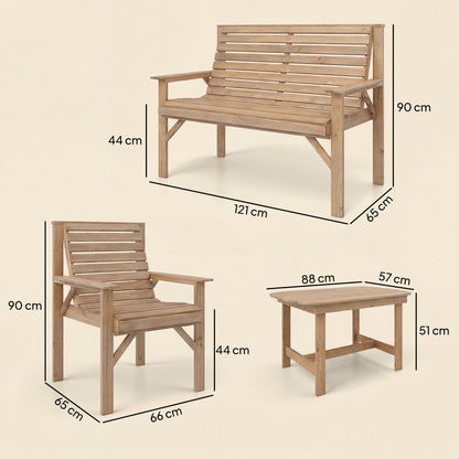 4 Piece Wooden Garden Furniture Set, Outdoor Garden Sofa Set with 2 Armchairs, Loveseat and Coffee Table, Natural Wood