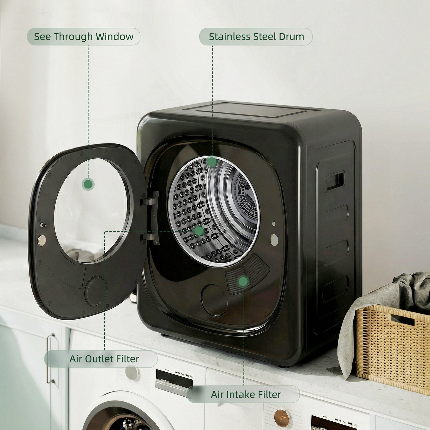 4kg Vented Tumble Dryer with 5 Drying Mode, 800W Compact Freestanding Front Tumble Dryer, Black