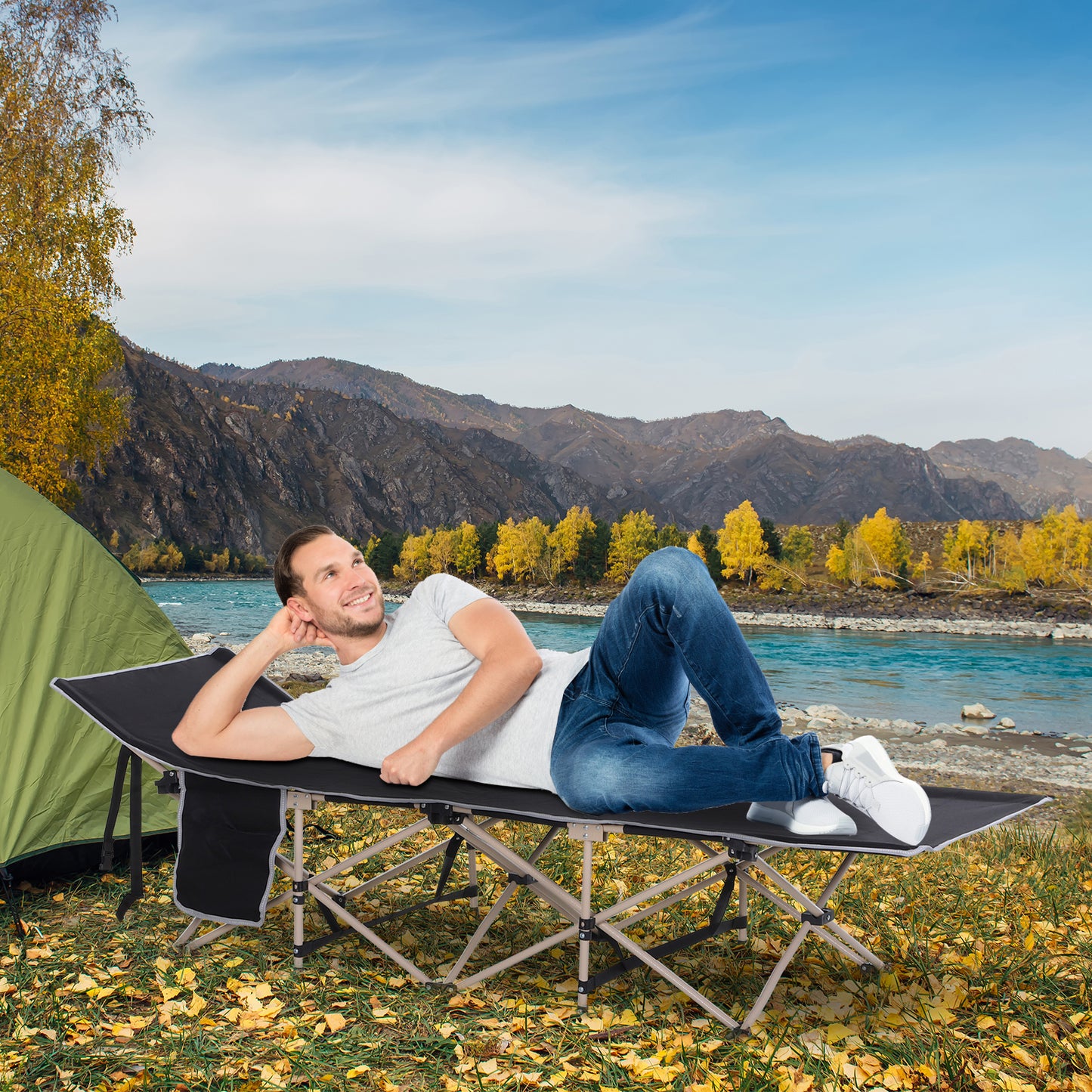 Single Person Camping Bed Folding Cot Outdoor Patio Portable Military Sleeping Bed Travel Guest Leisure Fishing with Side Poc