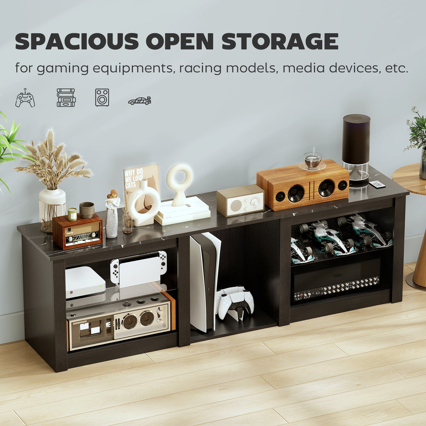 70" TV Stand, with LED Lights and Storage - Black