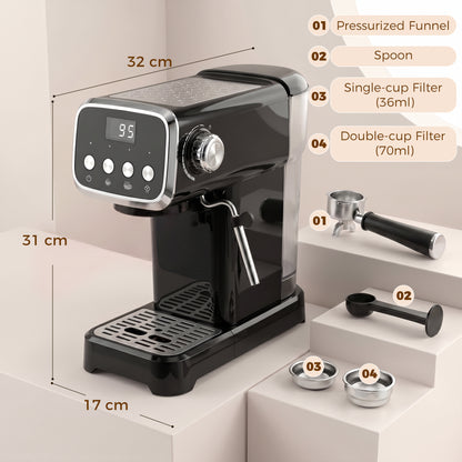 Espresso Machine, 20-Bar Cappuccino Coffee Maker with Frother Wand, 1.2 L Water Tank, Black
