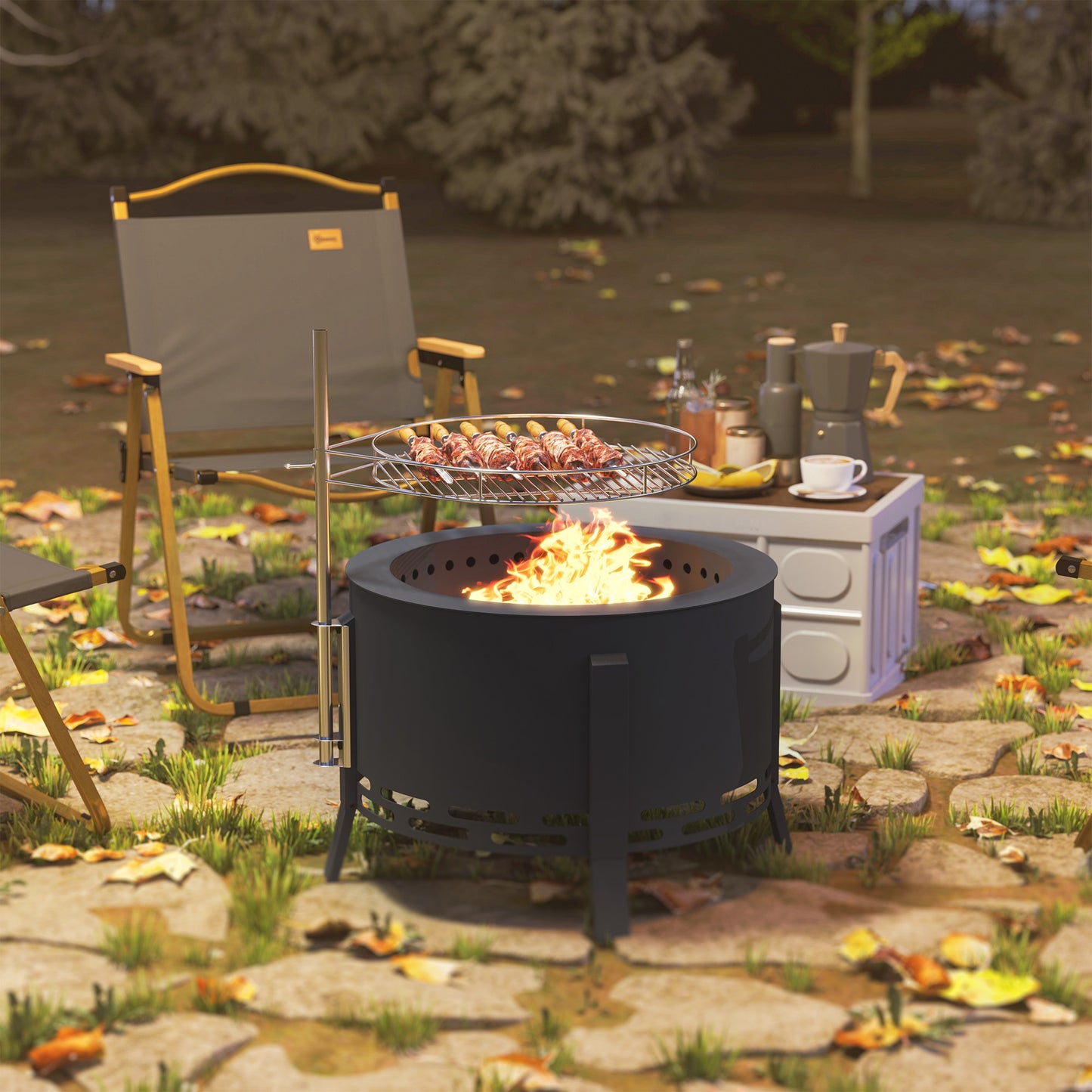 Portable Fire Pit, 58 cm Round Firepit with Grill Grate, Fire Bowl with Ash Catcher and Poker