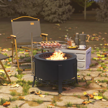 Portable Fire Pit, 58 cm Round Firepit with Grill Grate, Fire Bowl with Ash Catcher and Poker