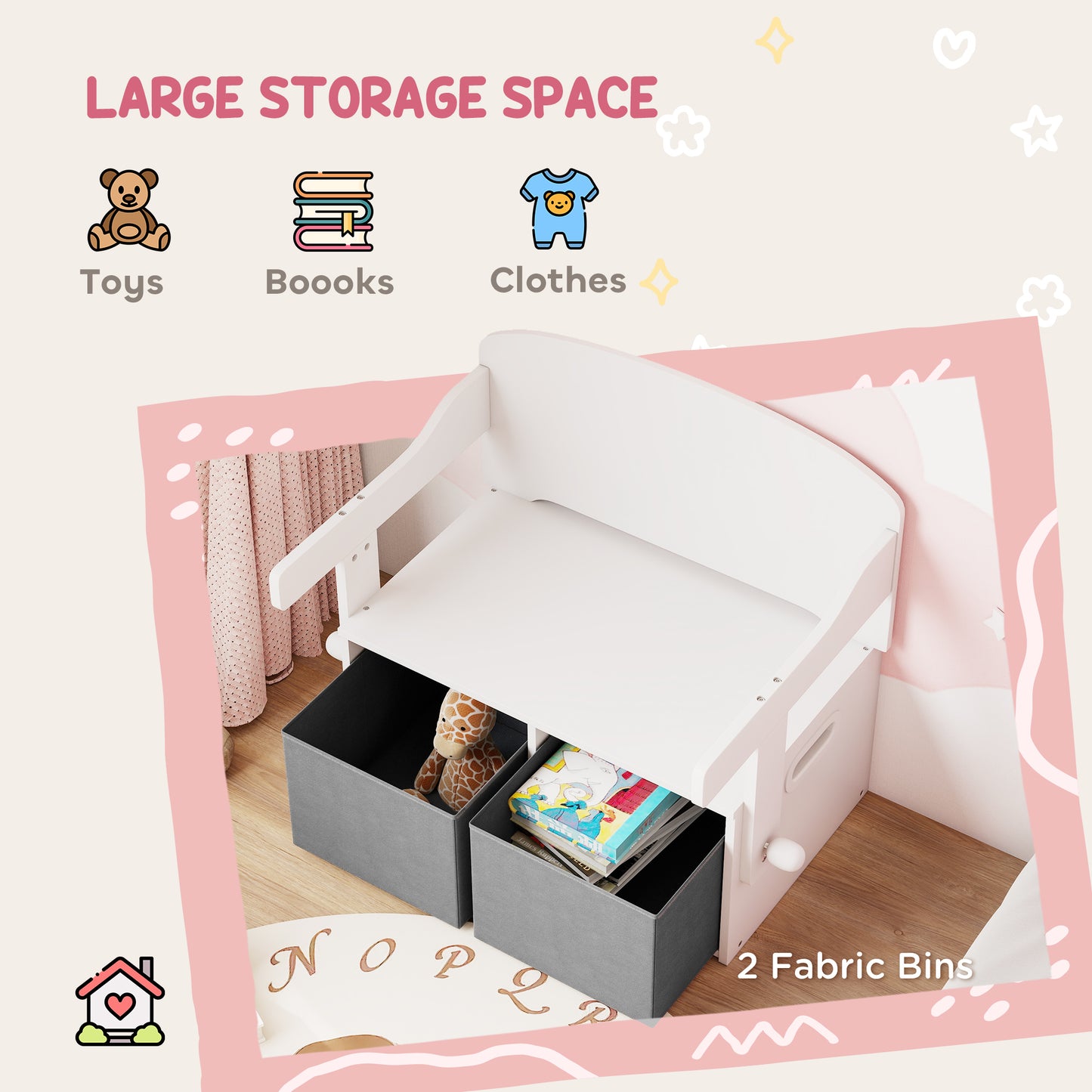 3 in 1 Kids Storage Bench, Convertible Children Table and Chair Set with 2 Fabric Bins, Toy Storage Box, White