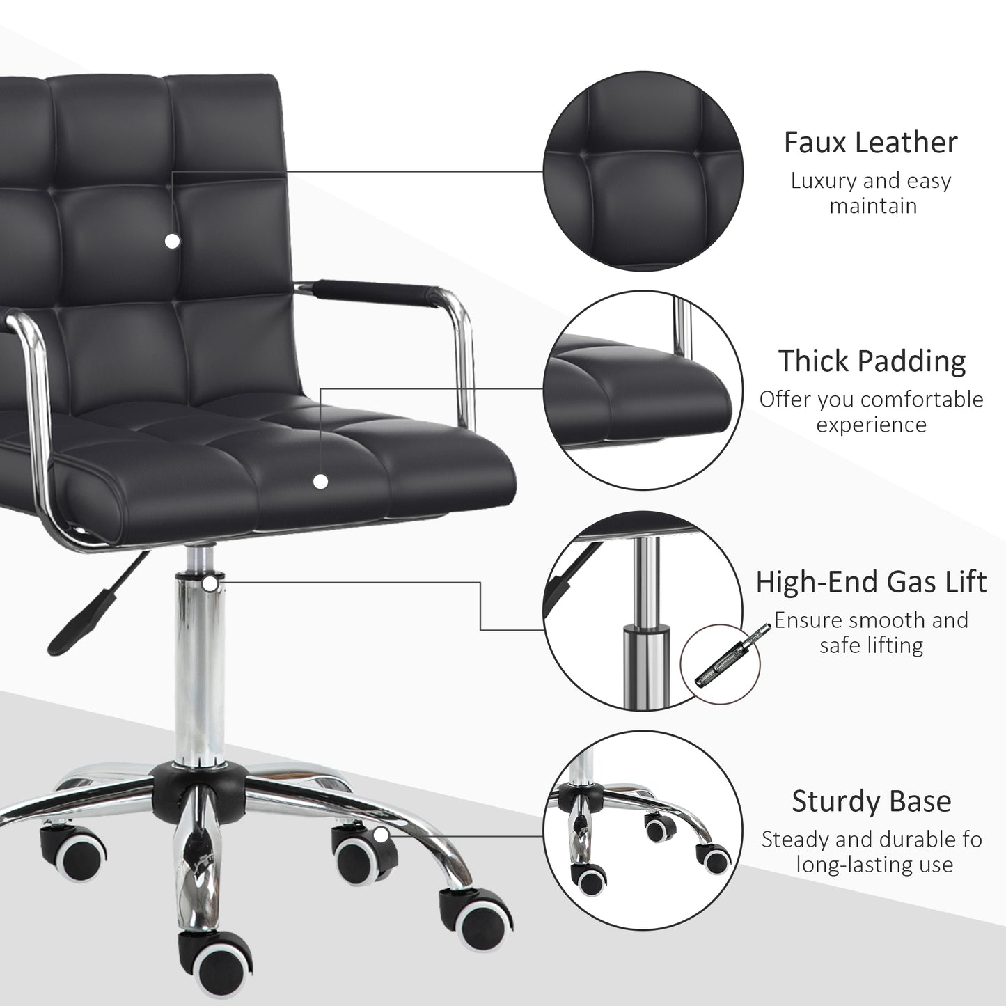 Makeup Vanity Chair, PU Leather Mid Back Office Chair with Adjustable Height, Armrest and Rolling Wheels, Black