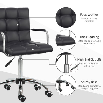 Makeup Vanity Chair, PU Leather Mid Back Office Chair with Adjustable Height, Armrest and Rolling Wheels, Black