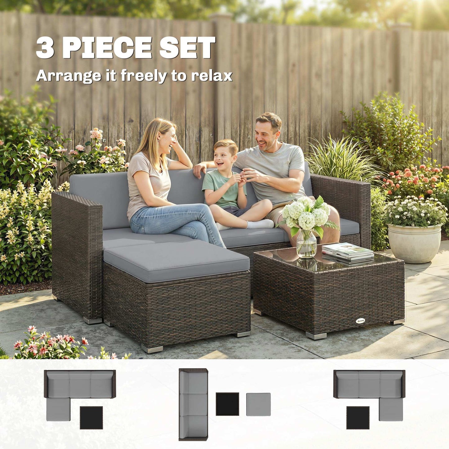 3 Pieces Garden Furniture Set w/ Cushions, PE Rattan Wicker Conversation Corner Sofa Set, Light Grey