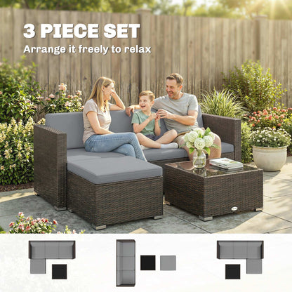 3 Pieces Garden Furniture Set w/ Cushions, PE Rattan Wicker Conversation Corner Sofa Set, Light Grey