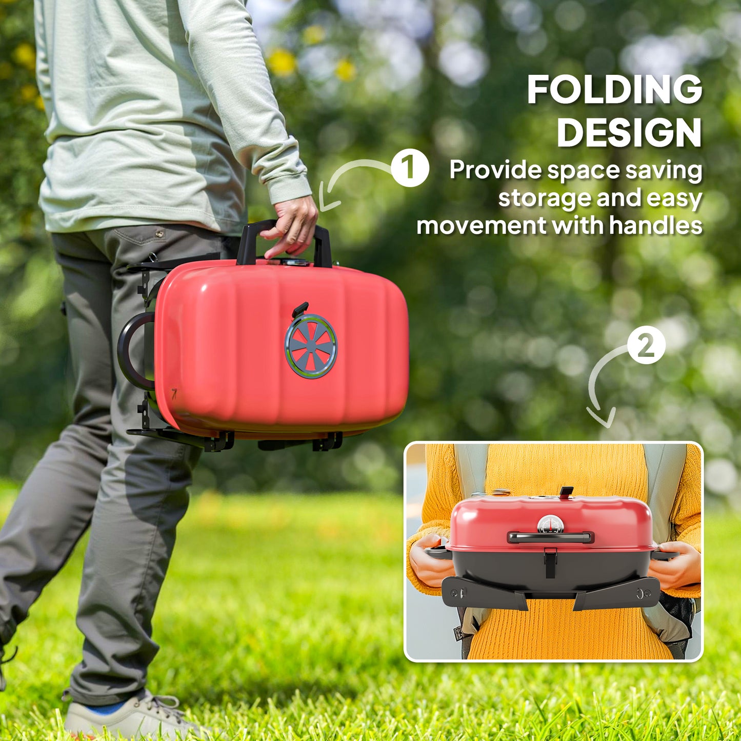 Charcoal Barbecue Grill Folding Portable BBQ Grill for Camping with 1232 cm² Cooking Area, Adjustable Vent, Thermometer